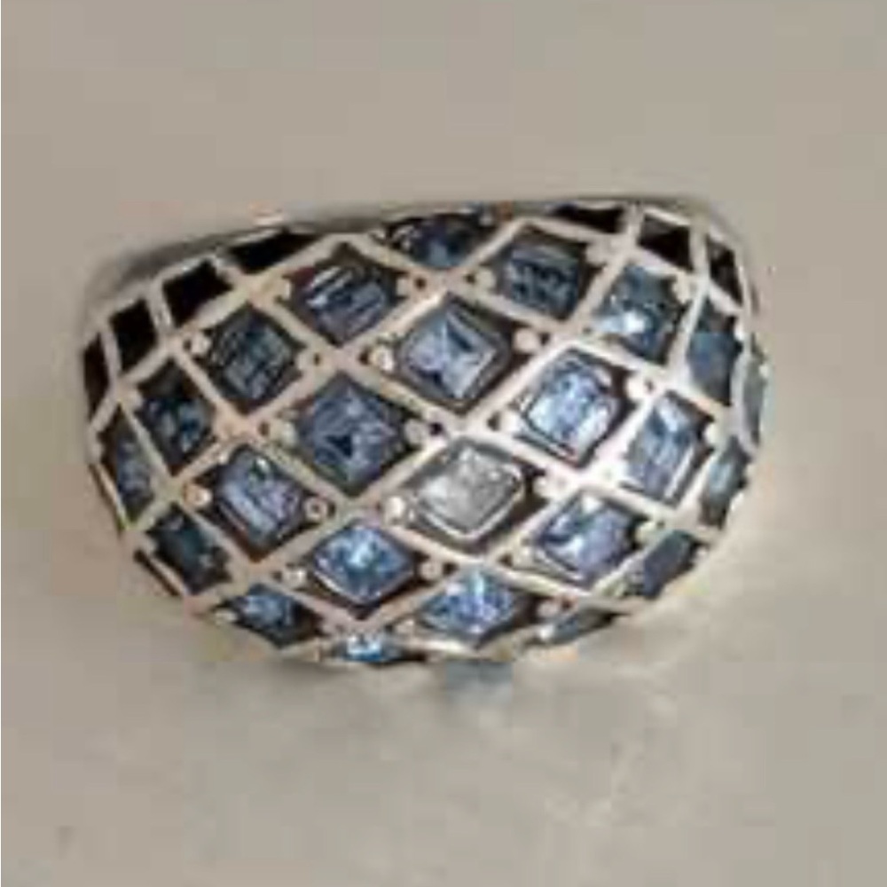 Brighton, blue crystals, Silvertone dome ring, size 6.75